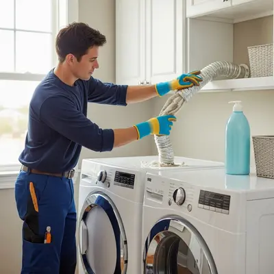 Dryer vent cleaning service showing technician removing lint buildup from vent pipe