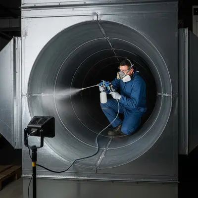 Air duct sanitizing service showing technician applying treatment inside HVAC duct system