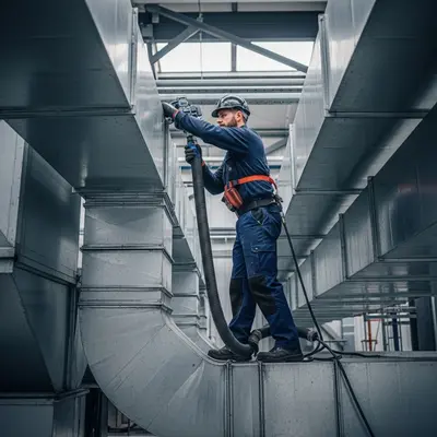 Ductwork cleaning service showing technician cleaning full HVAC duct system
