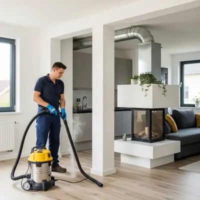 Residential air duct cleaning service showing technician cleaning HVAC system inside a home