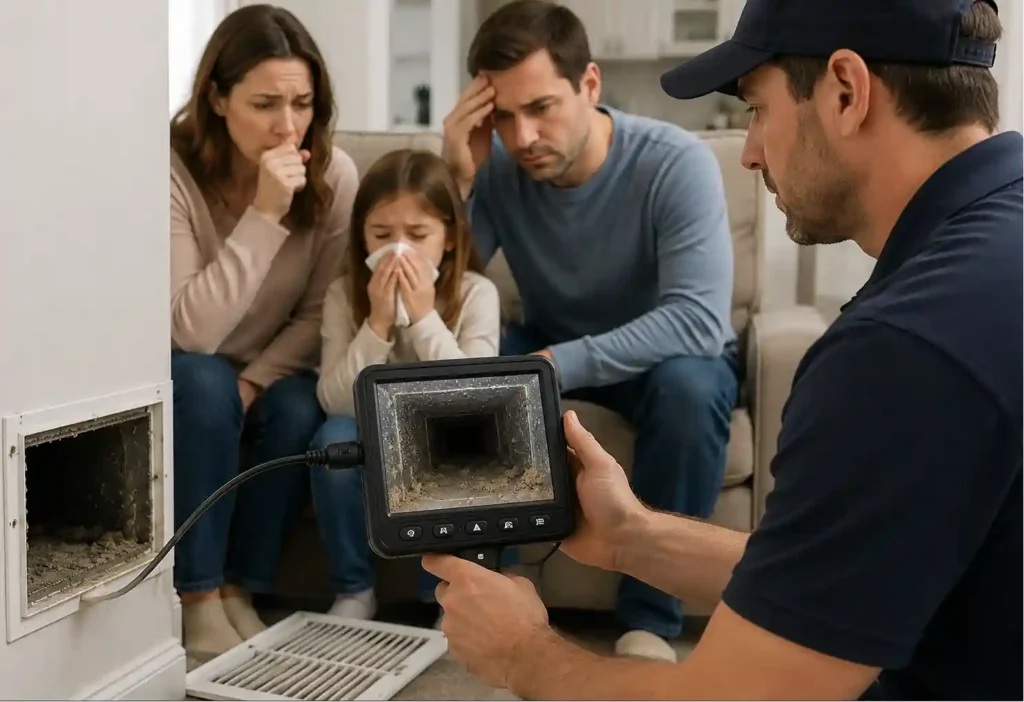 HVAC technician inspecting dirty residential air ducts while concerned family watches