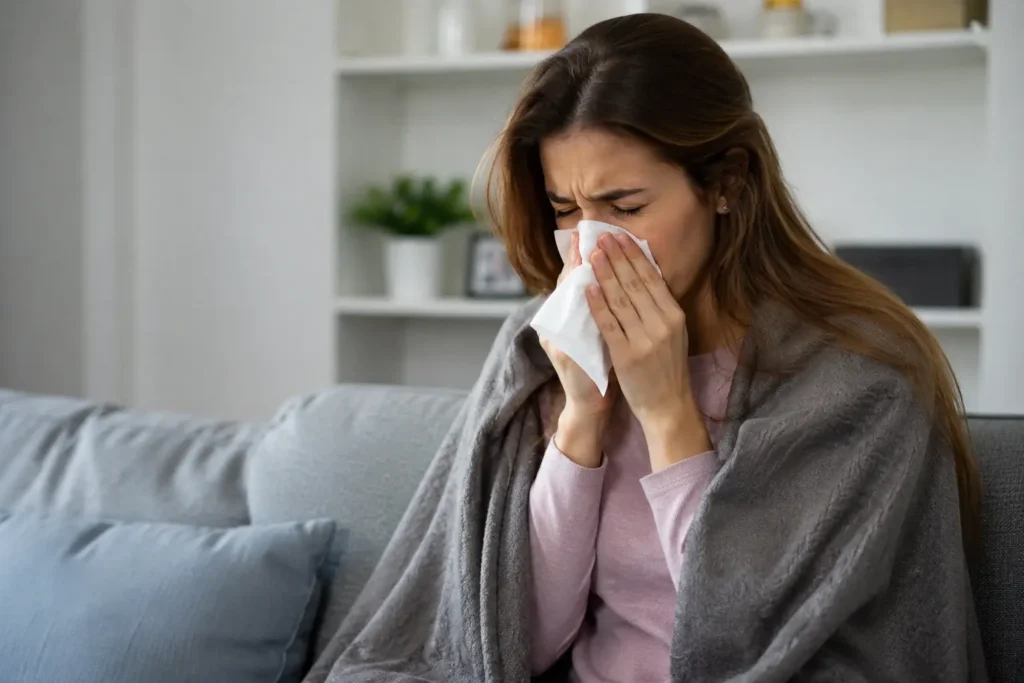 Woman sneezing indoors due to poor indoor air quality caused by dirty air ducts