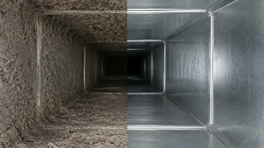Side-by-side comparison of dirty and professionally cleaned HVAC air ducts