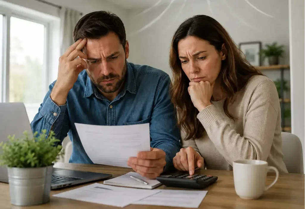 Couple reviewing high energy bills caused by inefficient HVAC airflow and dirty air ducts