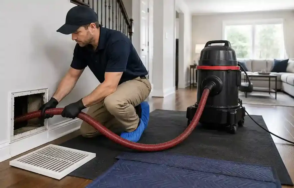 Professional technician cleaning residential air ducts using HEPA vacuum system