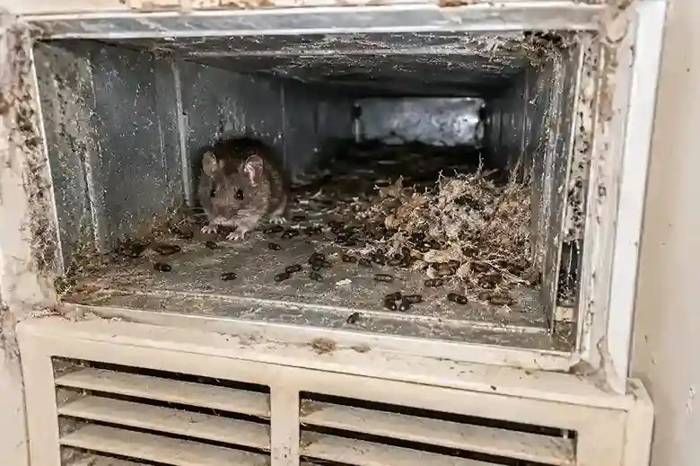 Mouse and rodent droppings inside dirty residential air duct vent
