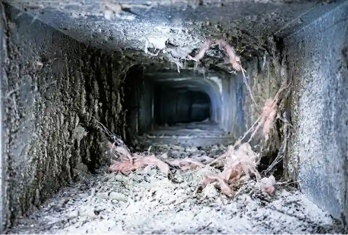 why are my vents blowing dusty air construction A real photo looking down a metal air duct filled with white, fine drywall dust and pink fiberglass insulation threads, showing why are my vents blowing dusty air after home remodeling.