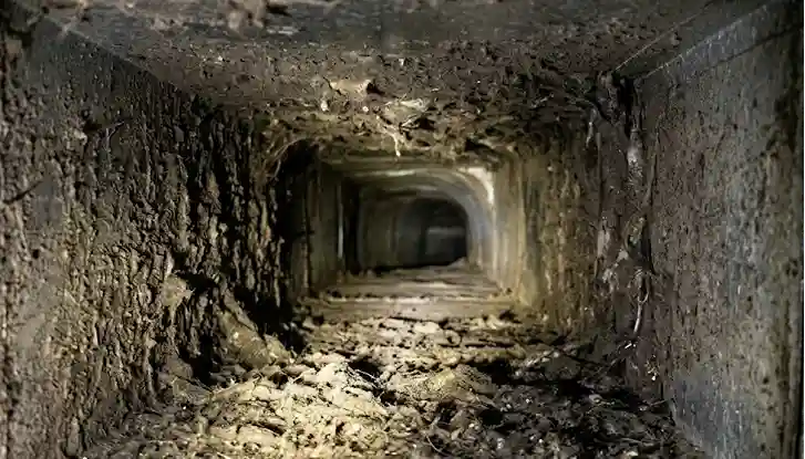 why are my vents blowing dusty air debris A close-up, real photo looking inside a dirty, dark metal HVAC air duct heavily coated in thick layers of accumulated dust, pet dander, and debris, explaining why are my vents blowing dusty air.