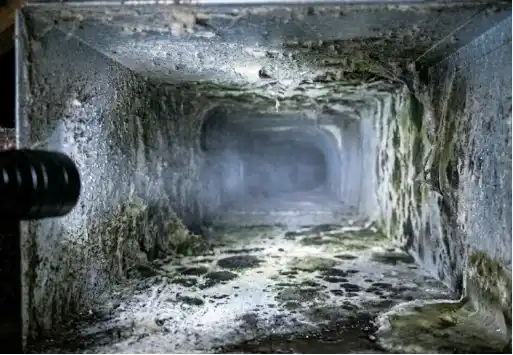 why are my vents blowing dusty air mold A flashlight illuminating dark mold colonies and moisture droplets inside a metal HVAC duct, a dangerous reason why are my vents blowing dusty air.