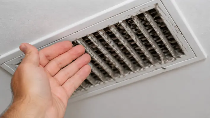 Dirty Vent With Hand Near Air Register What Does a Musty Smell From Vents Mean? Dirty HVAC ceiling vent with visible dust, mold, and debris buildup.