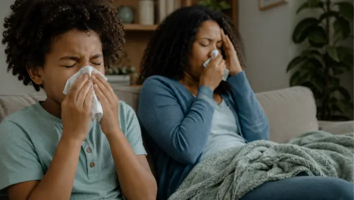 Musty Vent Smells and Indoor Air Quality Problems What Does a Musty Smell From Vents Mean? Family experiencing allergy symptoms caused by poor indoor air quality.