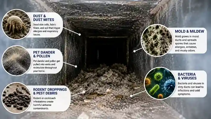 contaminants inside dirty air ducts Dust mites, mold, pet dander, bacteria, viruses, and rodent debris inside dirty air ducts
