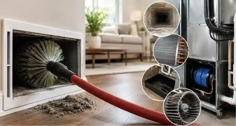 does air duct cleaning actually work epa guide Professional HVAC duct cleaning with air handler, coils, blower motor, and visible dust buildup inside residential ductwork
