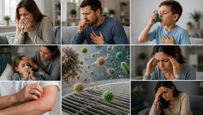 health effects of dirty air ducts Allergy symptoms, asthma, headaches, fatigue, and skin irritation caused by dirty air ducts